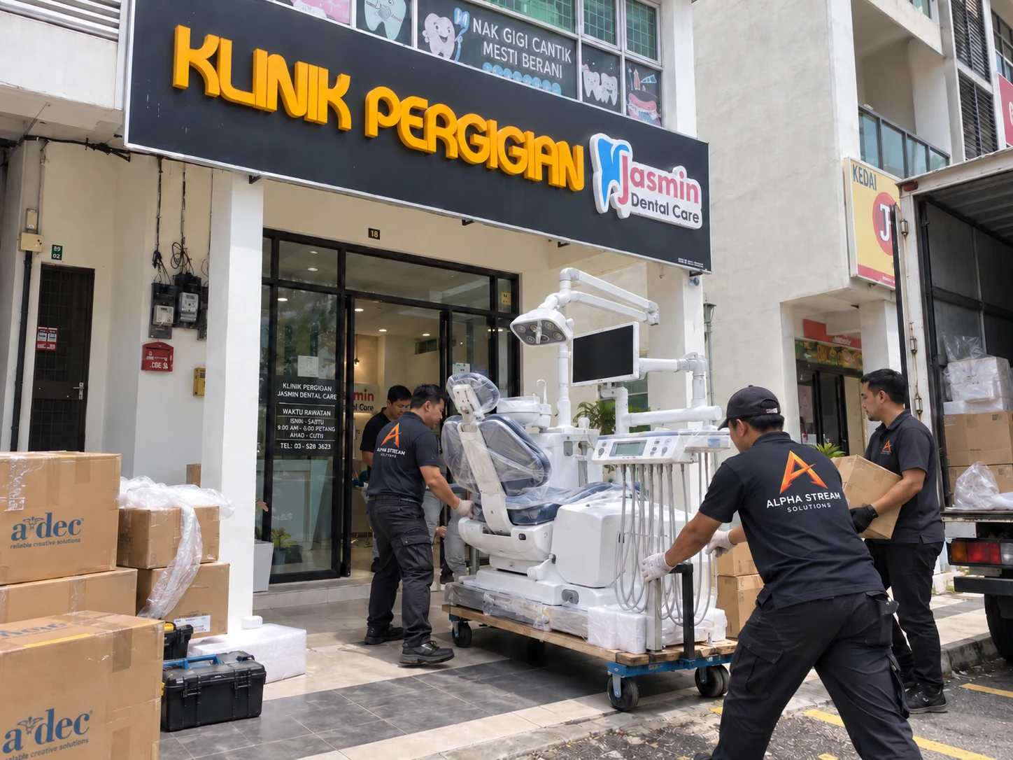 Alpha Stream Solutions team delivering a dental chair to Klinik Pergigian Jasmine Meru Raya